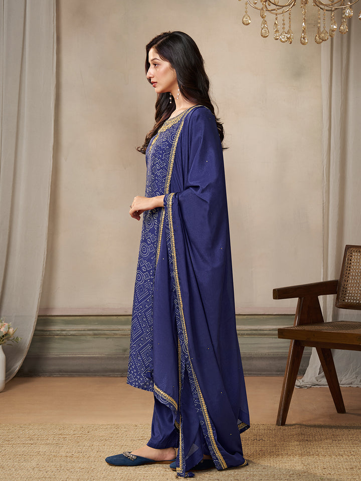 Royal Blue Kurta Set in Dola Bandhni Printed with Embroidery