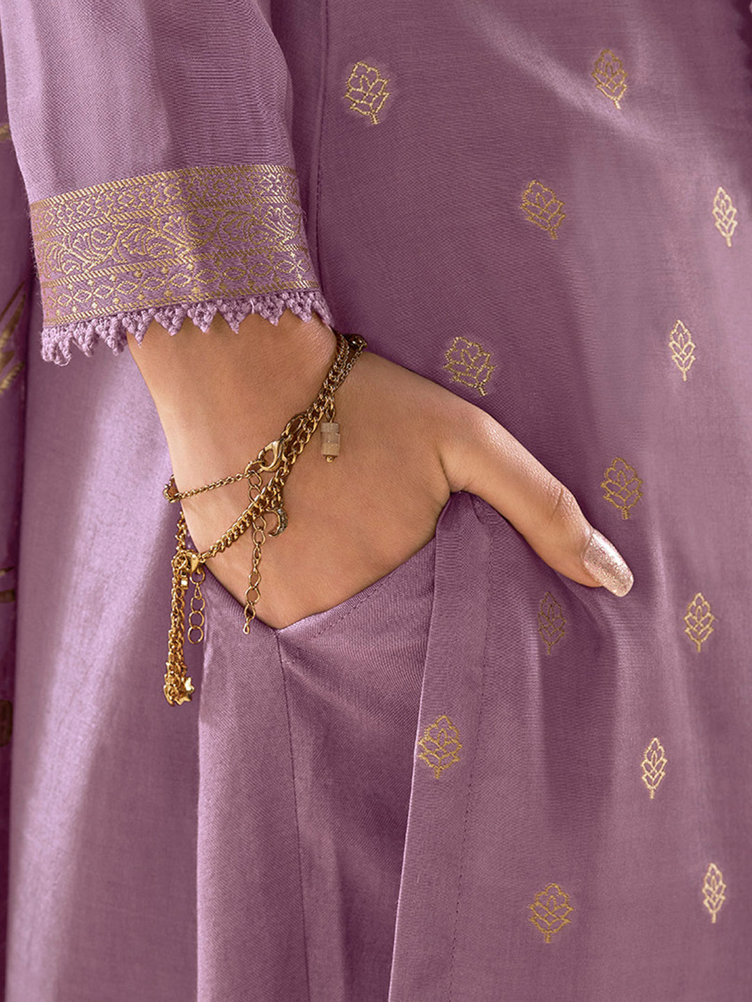 Wisteris Purple Muslin Jacquard Kurta Suit Set with Champagne Thread Weave & Pencil Sketch Weave Yoke Product vendor