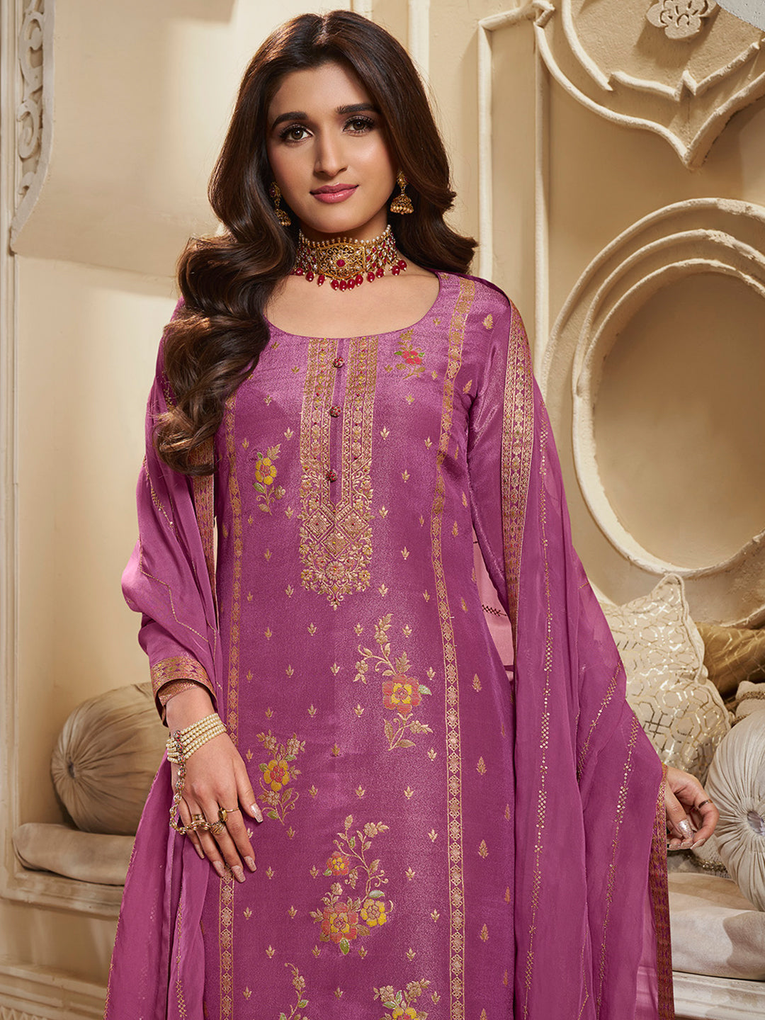 Pink Tissue Silk Meena Jacquard Designer Panel Work Kurta Suit Set Product vendor