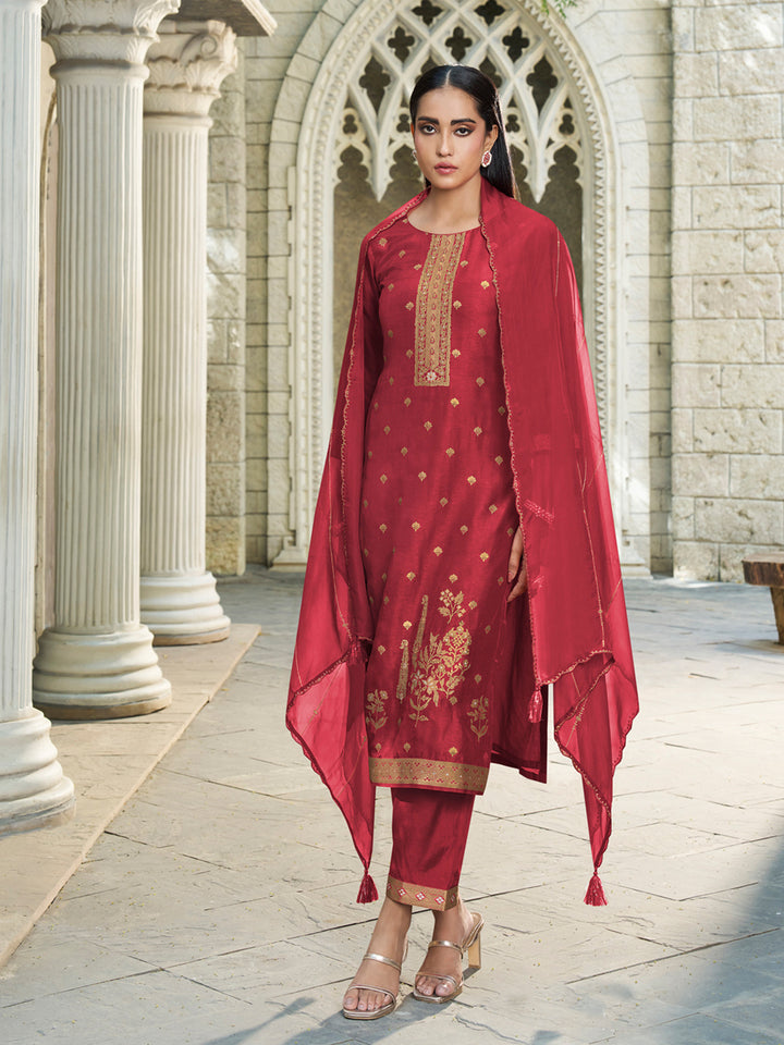 Scarlet Red Rose Exquisite Placement-Weaving Kurta Suit Set Product vendor