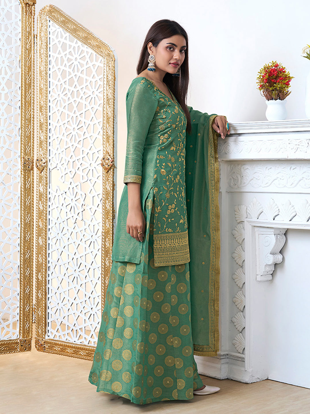 Lime Green Sharara Suit Set in Tissue with Pitta Work Dupatta