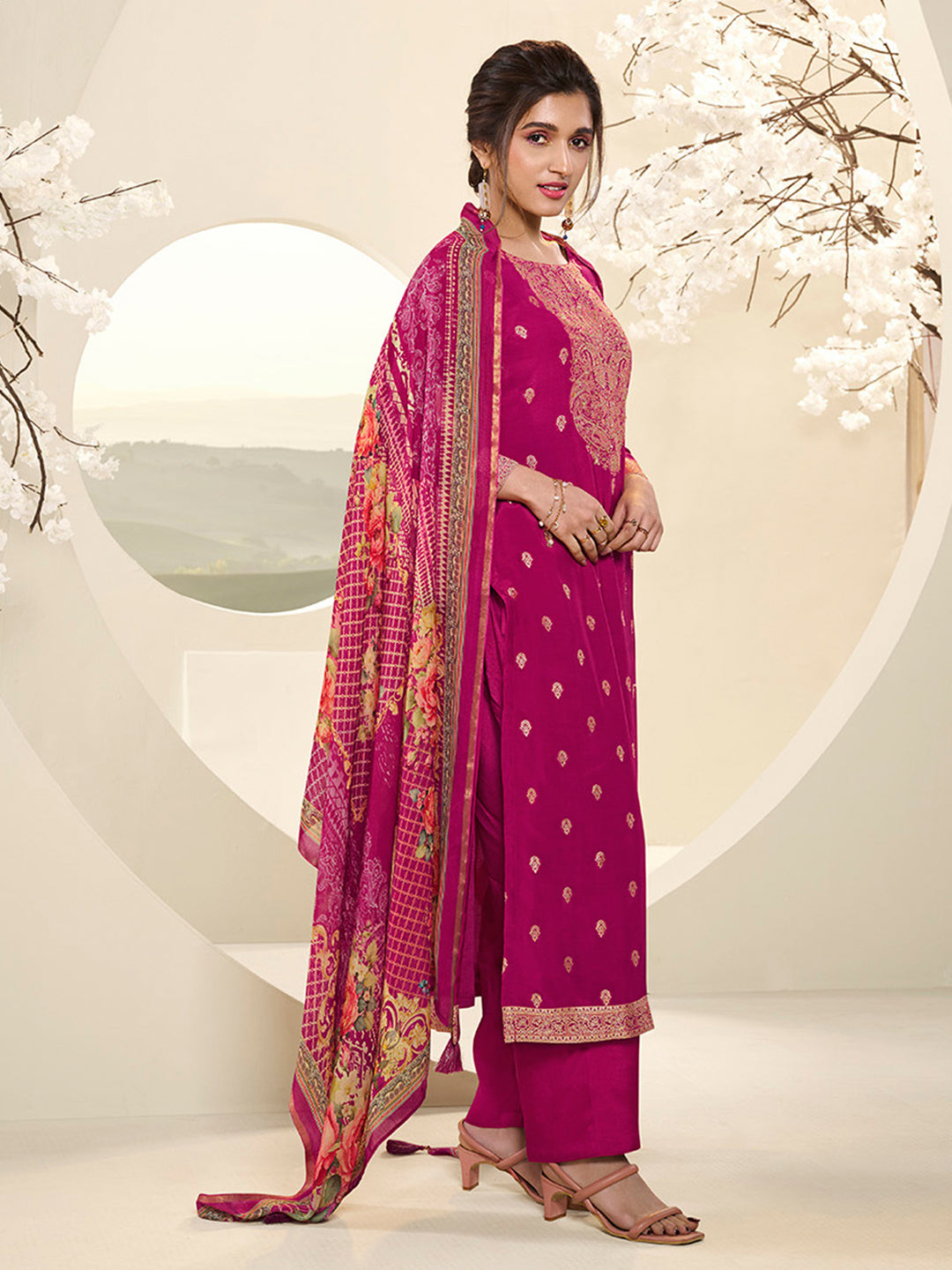 Muslin Jacquard Kurta Suit Set with Pencil Sketch Weave Handwork on Yoke Product vendor