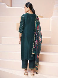 Dark Teal Green Applique Jacquard Kurta Set with Floral Print Dupatta