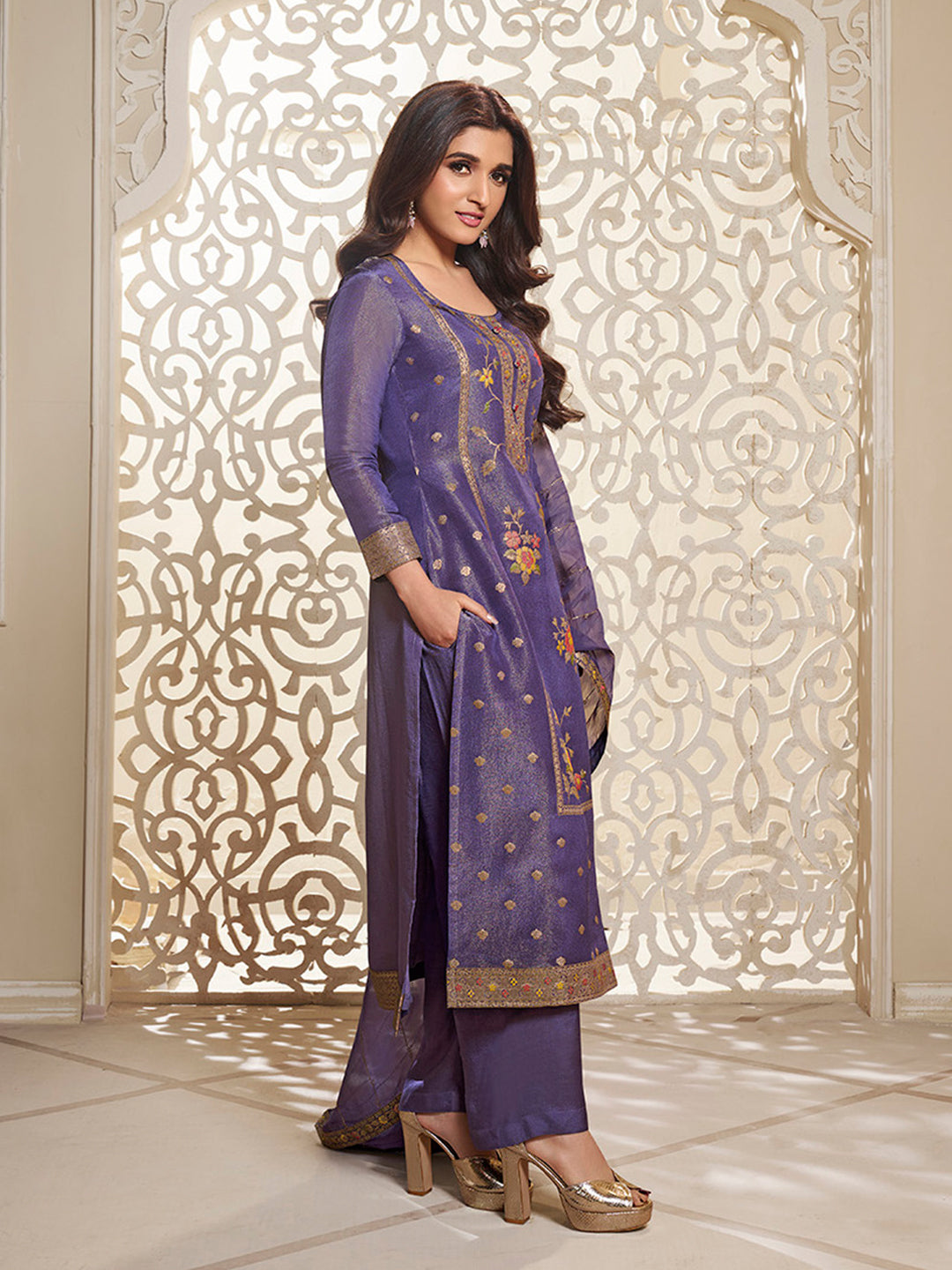 Purple Tissue Silk Meena Jacquard Designer Panel Work Kurta Suit Set Product vendor