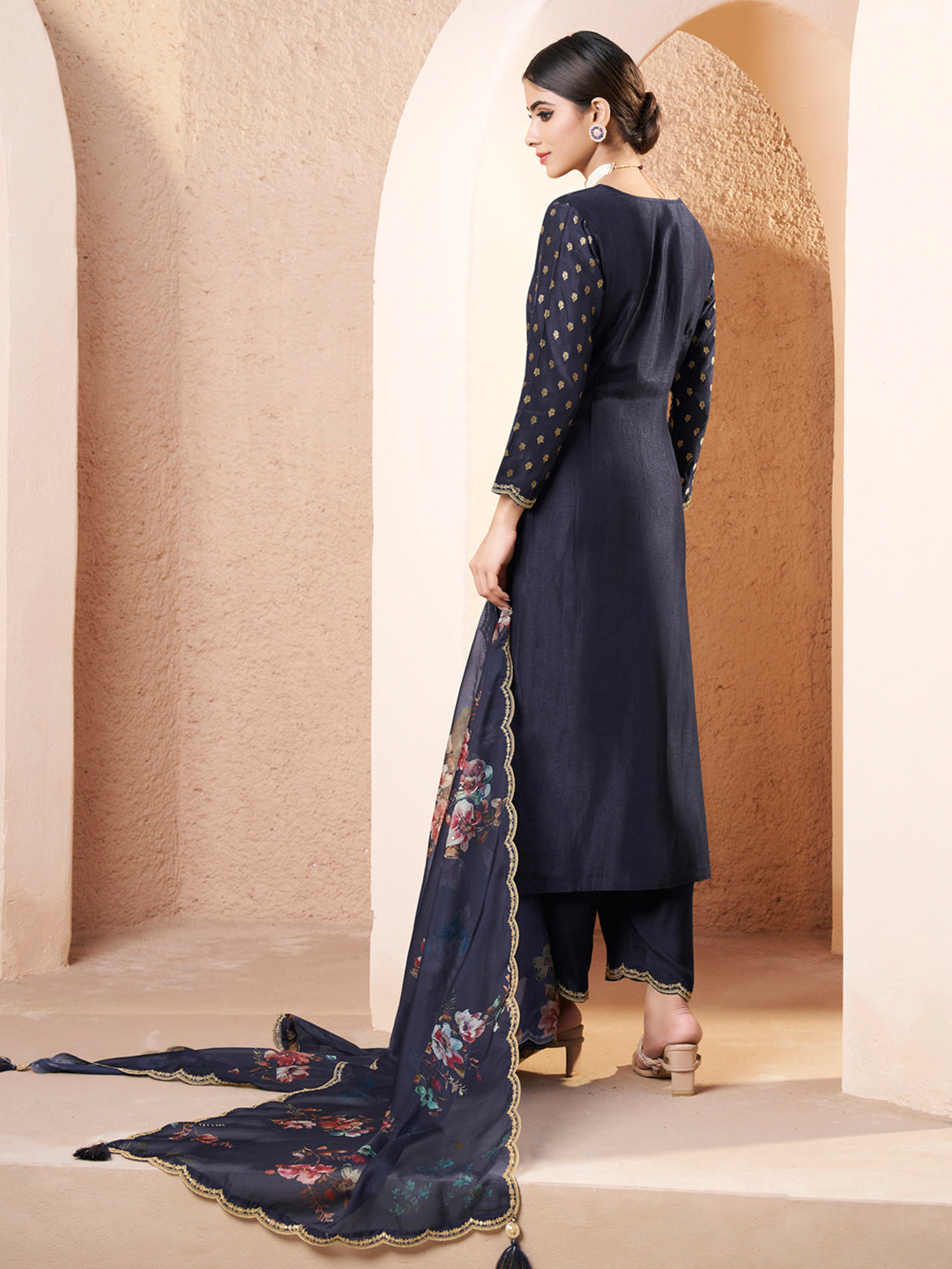Dark Blue Black Applique Jacquard Kurta with Floral Print Dupatta Product vendor