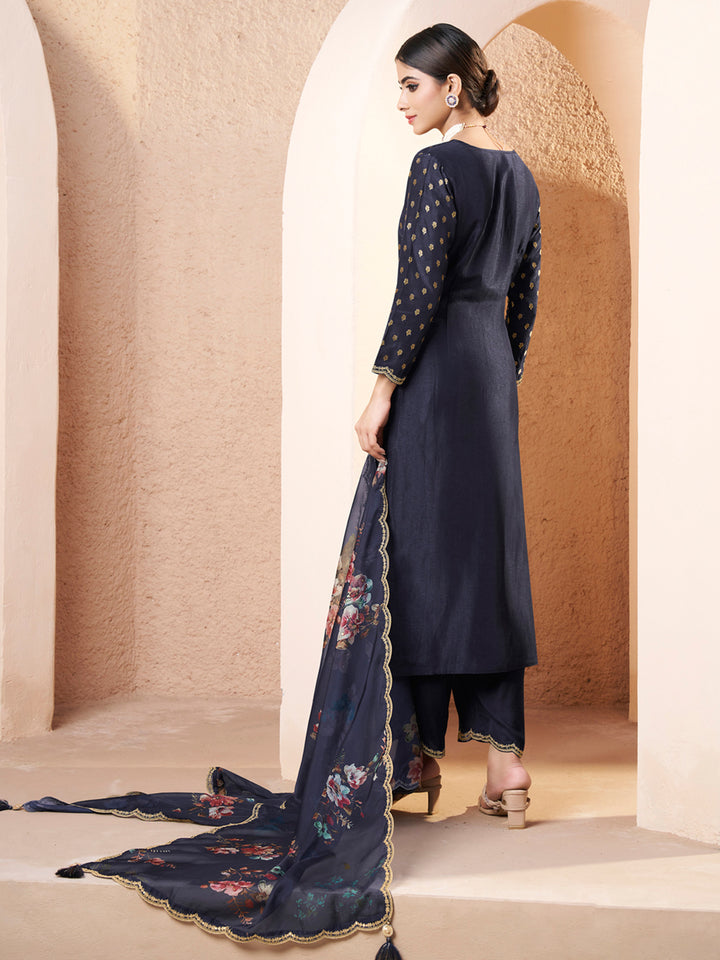 Dark Blue Black Applique Jacquard Kurta with Floral Print Dupatta Product vendor