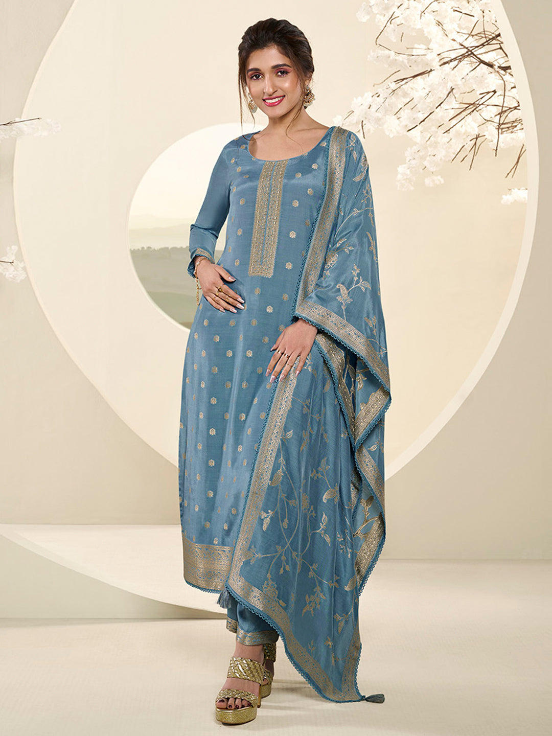 Sky Blue Muslin Jacquard Kurta Suit Set with Champagne Thread Weave & Pencil Sketch Weave Yoke Product vendor