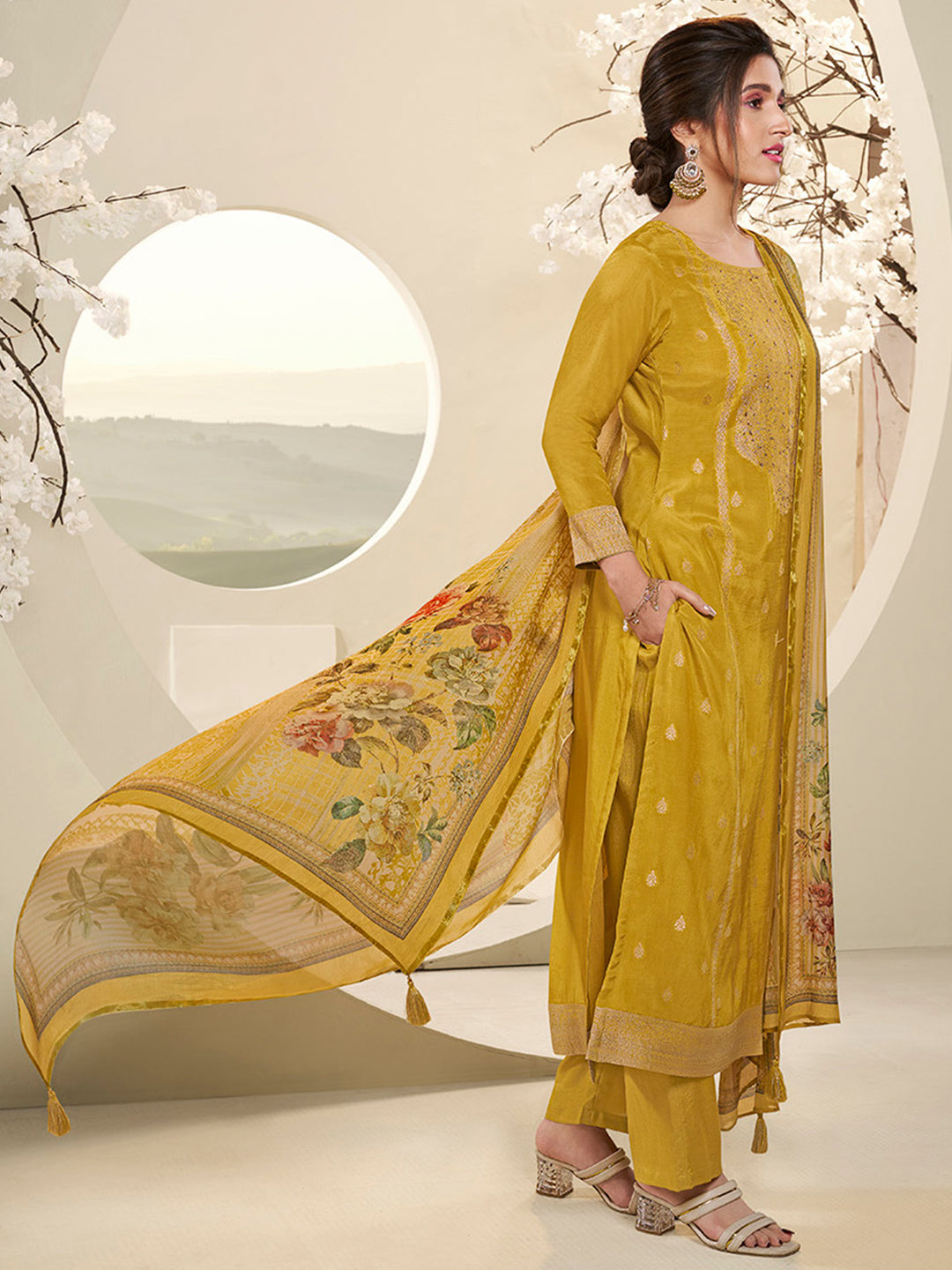 Muslin Jacquard Kurta Suit Set with Pencil Sketch Weave Handwork on Yoke Product vendor