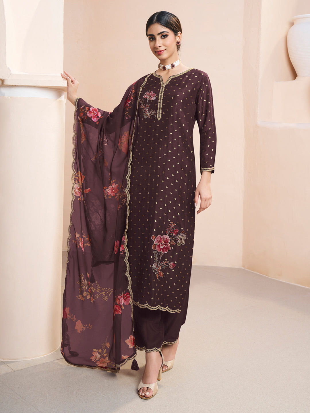 Seal Brown Applique Jacquard Kurta with Floral Print Dupatta Product vendor