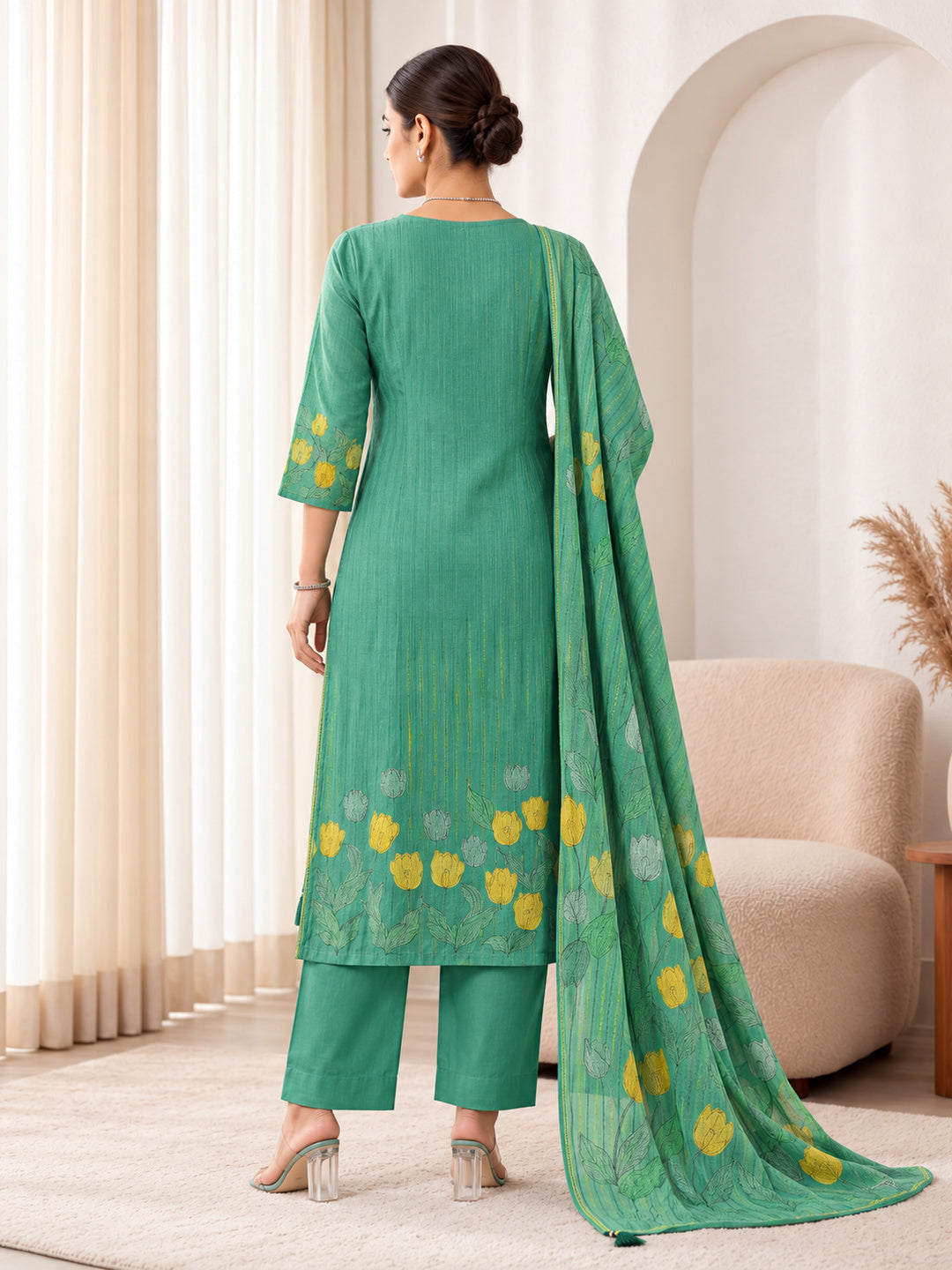 Emerald Light Green Silk Blend Kurta Set with Floral Dupatta