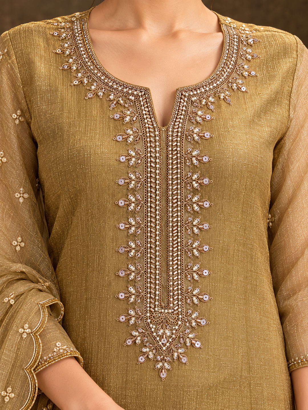 Gold Poly Silk Embroidered Kurta Palazzo Set with Dupatta
