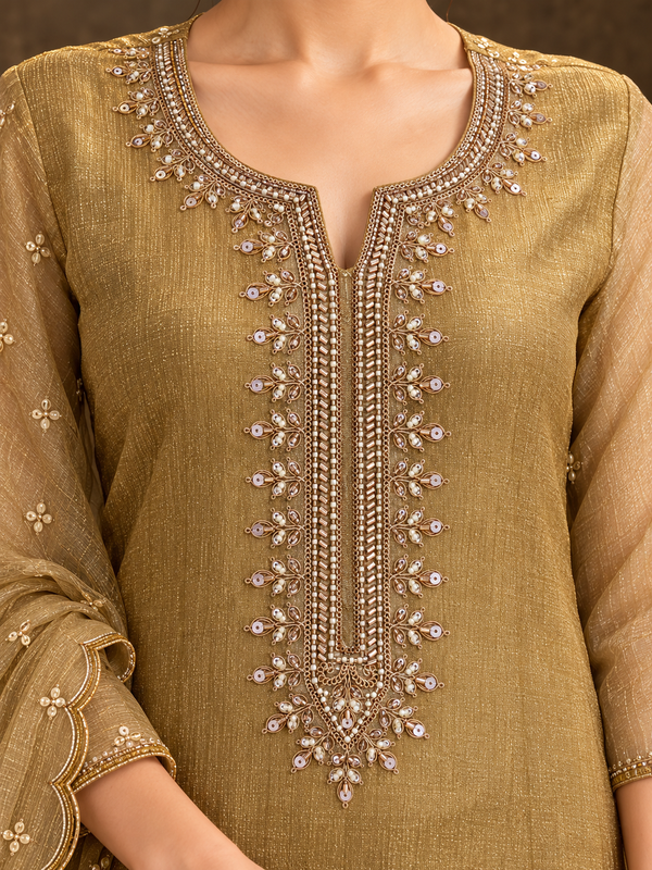 Gold Poly Silk Embroidered Kurta Palazzo Set with Dupatta