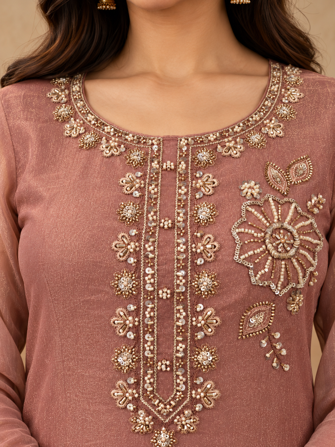 Dusty Rose Poly Silk Embroidered Kurta Palazzo Set with Dupatta