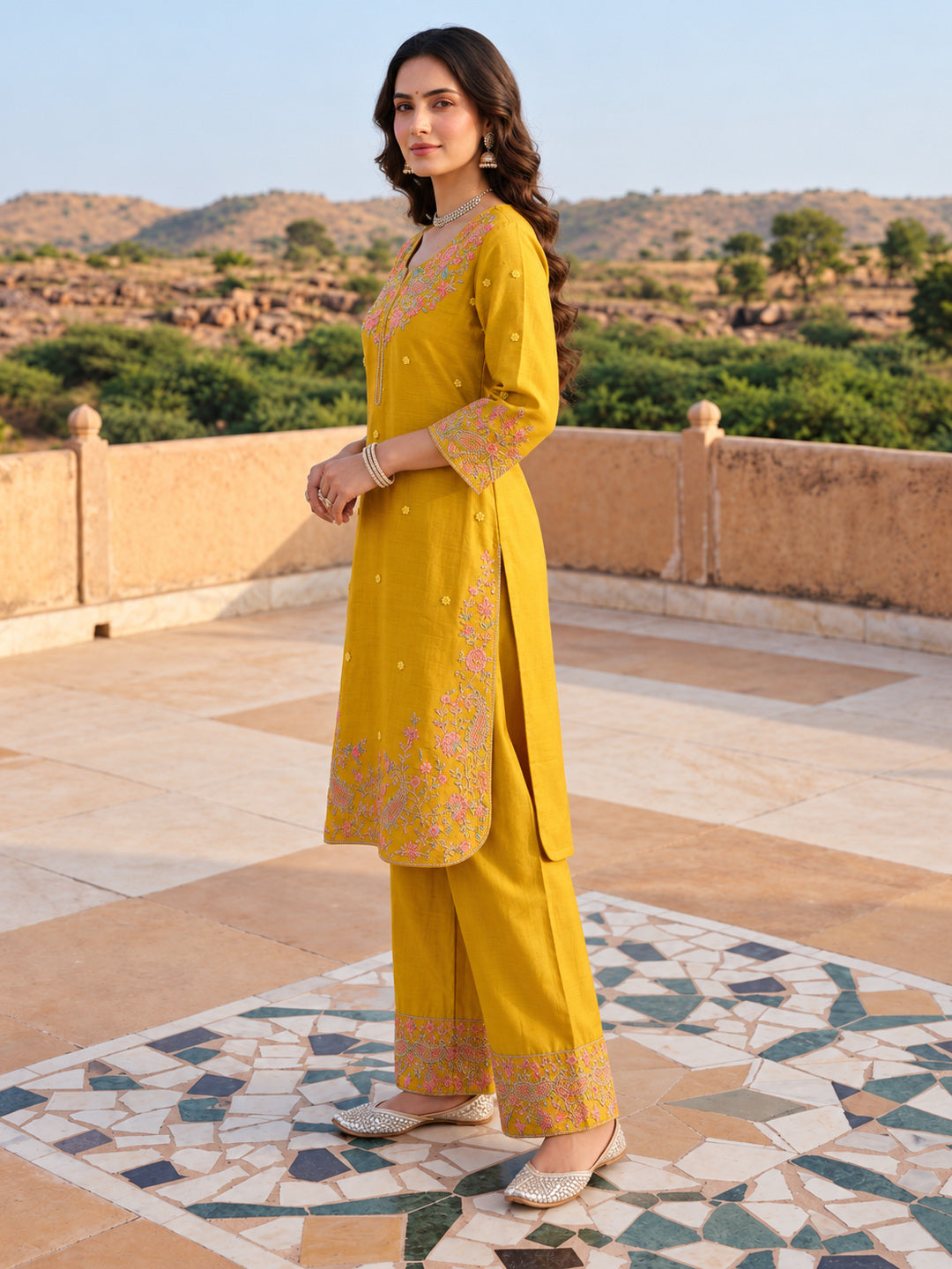 Mustard Mul Chanderi Embroidered Kurta Set
