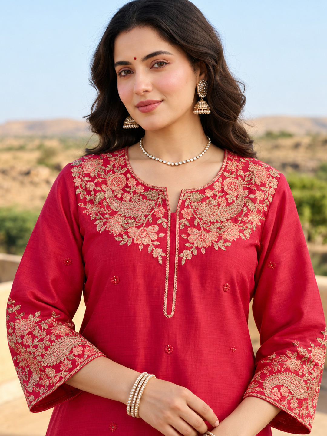 Pink Mul Chanderi Embroidered Kurta Set