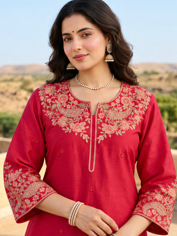Pink Mul Chanderi Embroidered Kurta Set