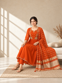 Orange Chanderi Silk Embroidered Anarkali Suit with Striped Dupatta