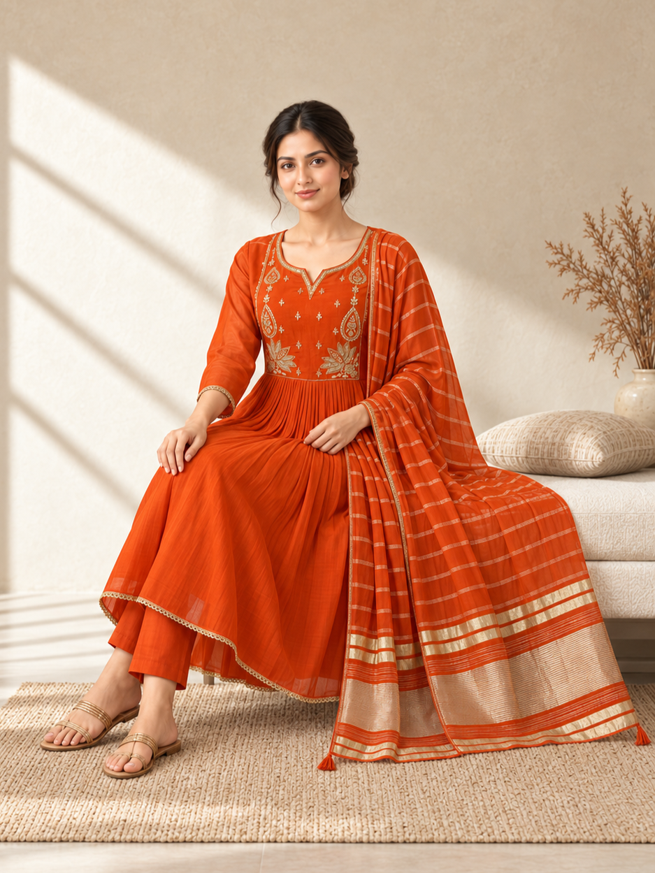 Orange Chanderi Silk Embroidered Anarkali Suit with Striped Dupatta