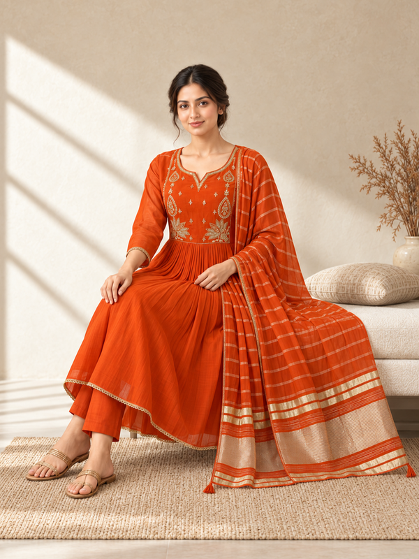 Orange Chanderi Silk Embroidered Anarkali Suit with Striped Dupatta