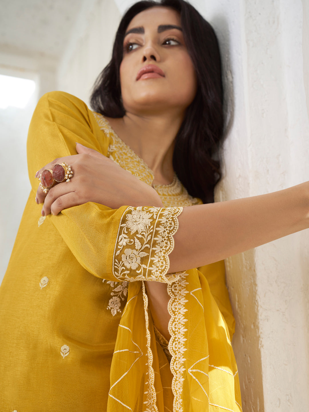 Floral + Geometric thread work & Hanging Pearl on Daman Kurta With Straight Pant & Dupatta Product vendor