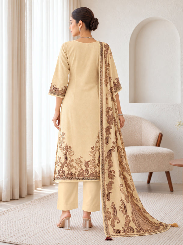Ivory Silk Blend Printed Kurta Pant Set with Dupatta