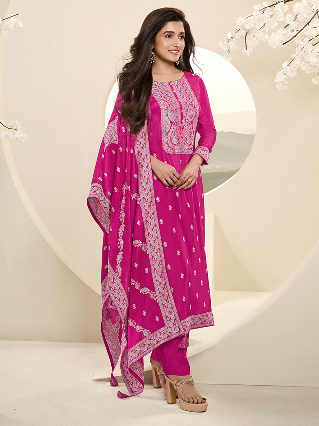 Muslin Jacquard Kurta Suit Set with White Thread Weave with Handcrafted Buttons Product vendor