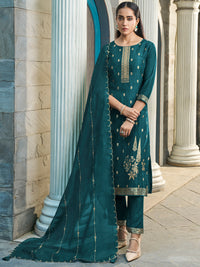 Dark Teal Green Placement-Weave Dola Silk Kurta Suit Set