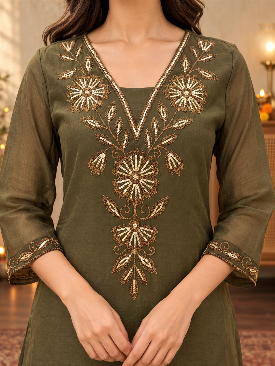 Olive Green Mul Chanderi Embroidered Kurta Palazzo Set