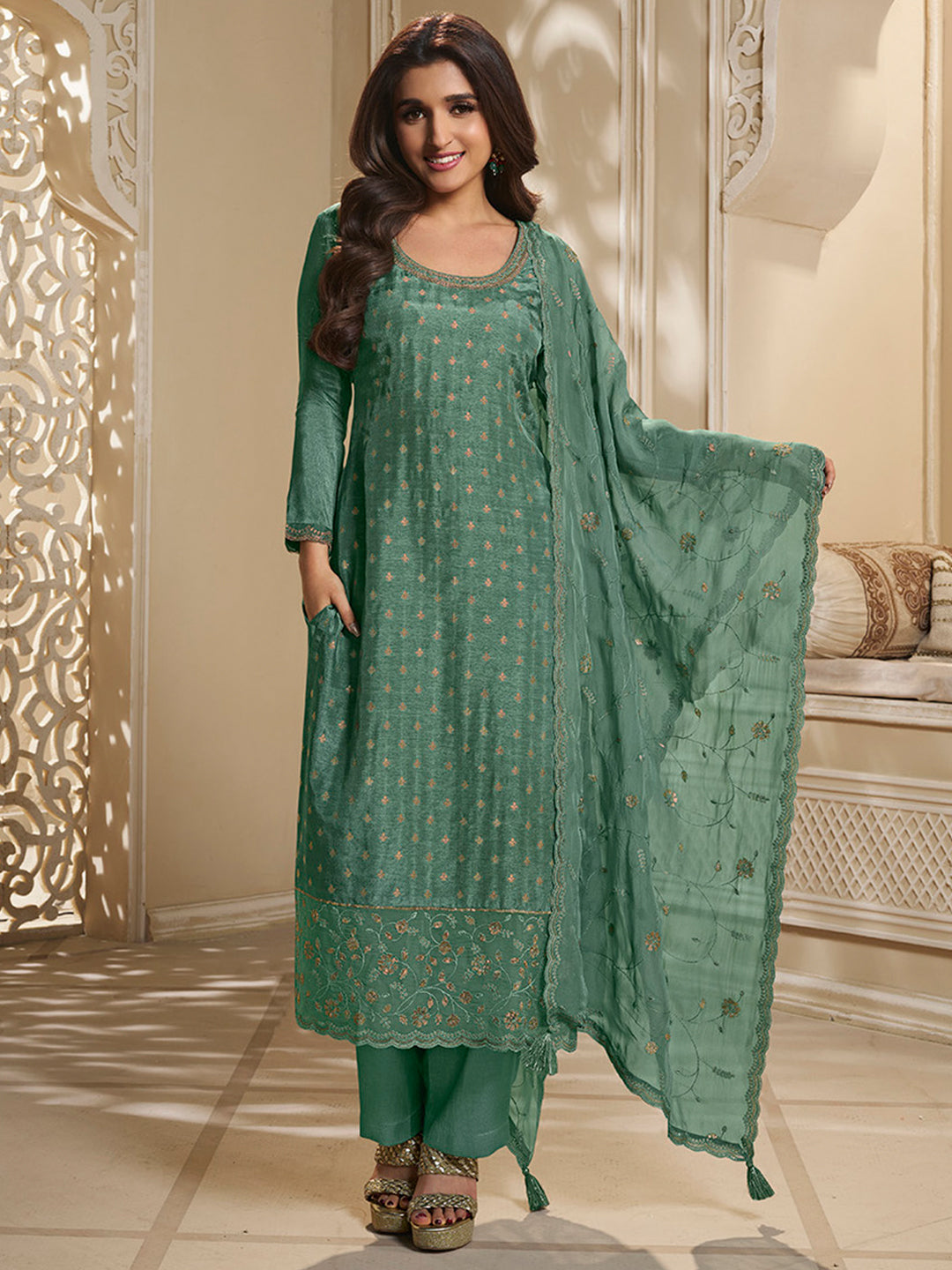 Green Dola Jacquard Kurta Suit Set with Embroidered with Thread & Sequins Work Product vendor