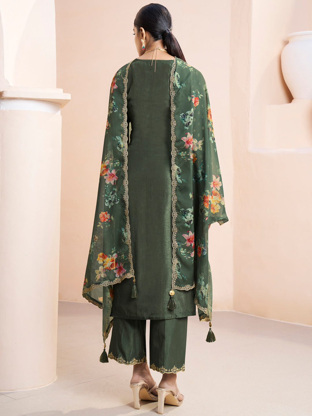 Dark Olive Green Applique Jacquard Kurta with Floral Print Dupatta Product vendor