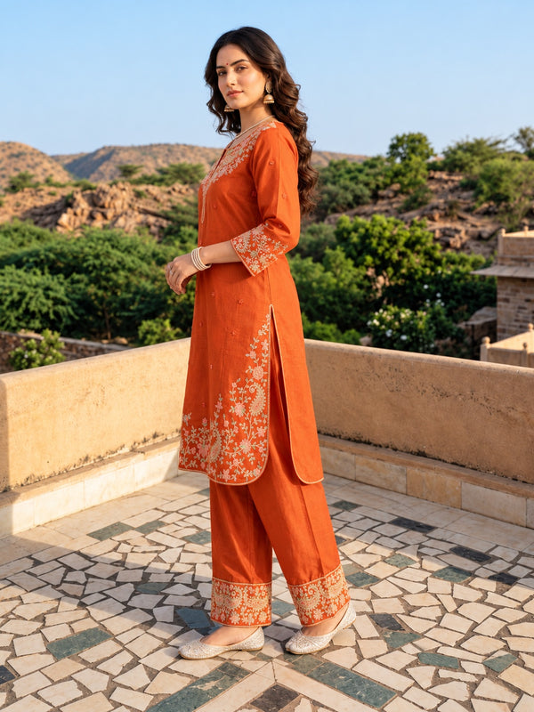 Rust Orange Mul Chanderi Embroidered Kurta Set