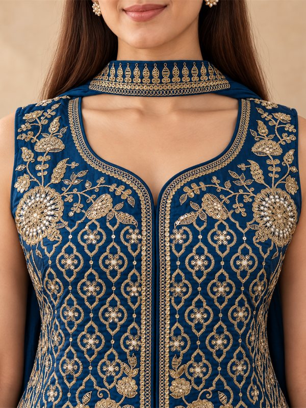 Royal Blue Pure Silk Embroidered Indo-Western Sharara Set