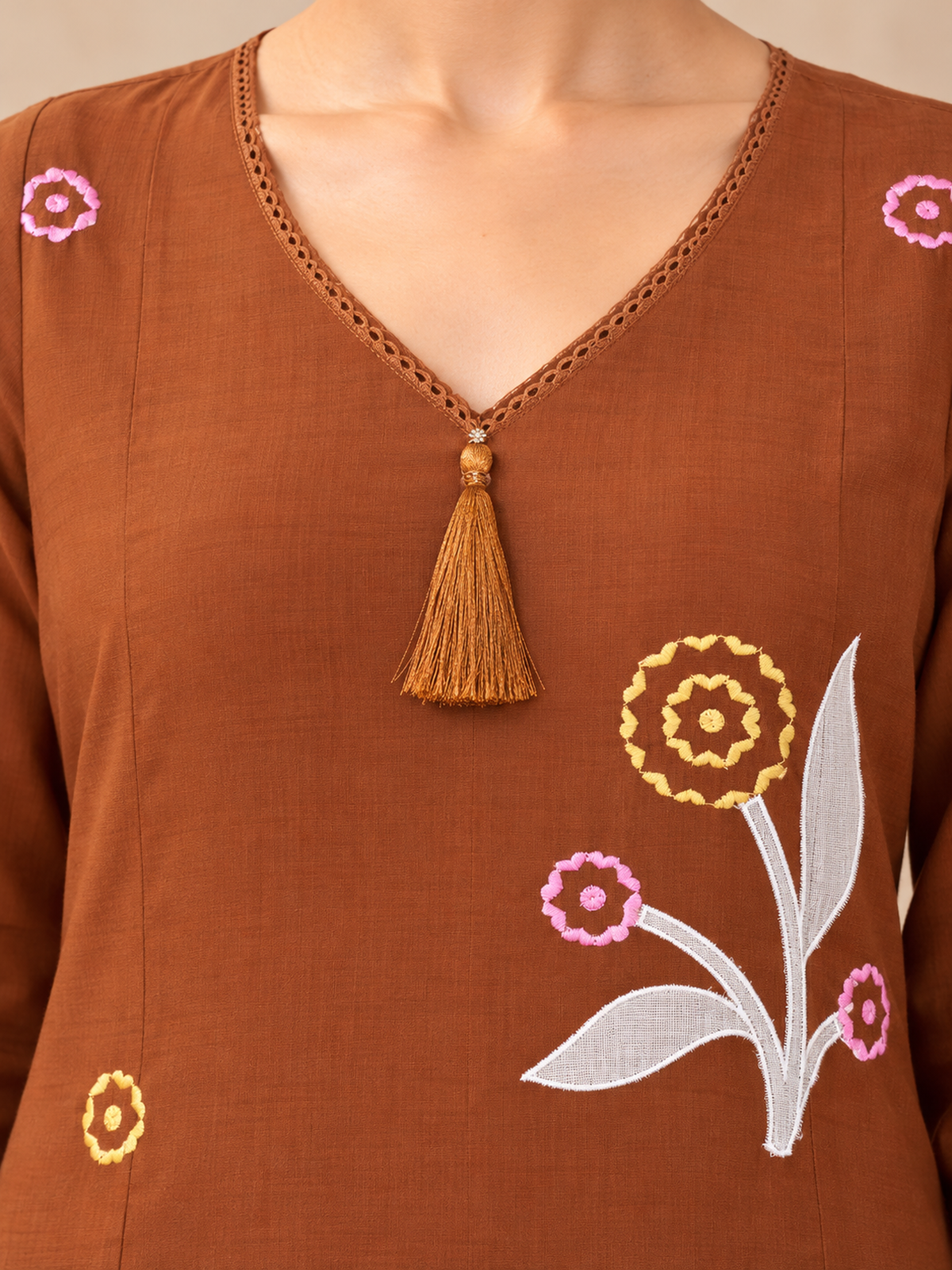 Rust Brown Floral Embroidered Mul Chanderi Kurta Set with Dupatta