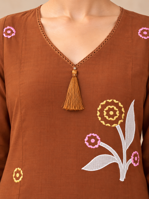 Rust Brown Floral Embroidered Mul Chanderi Kurta Set with Dupatta