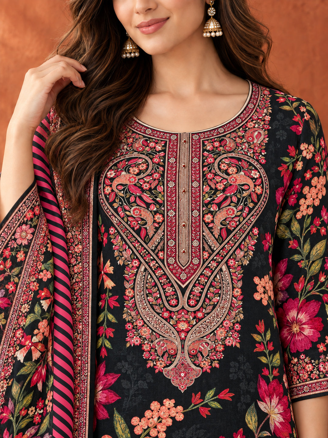 Black Floral Printed Kurta Set with Dupatta