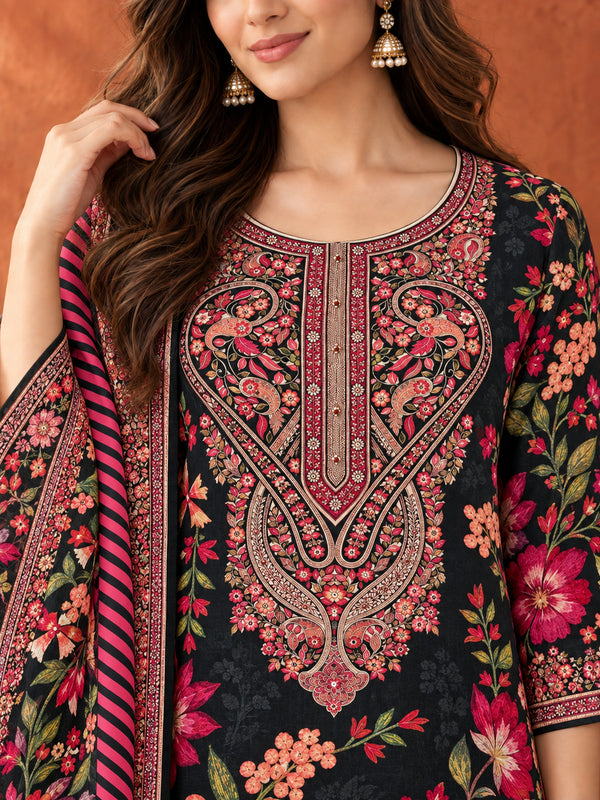 Black Floral Printed Kurta Set with Dupatta