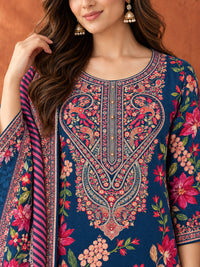 Navy Blue Floral Printed Kurta Set with Dupatta