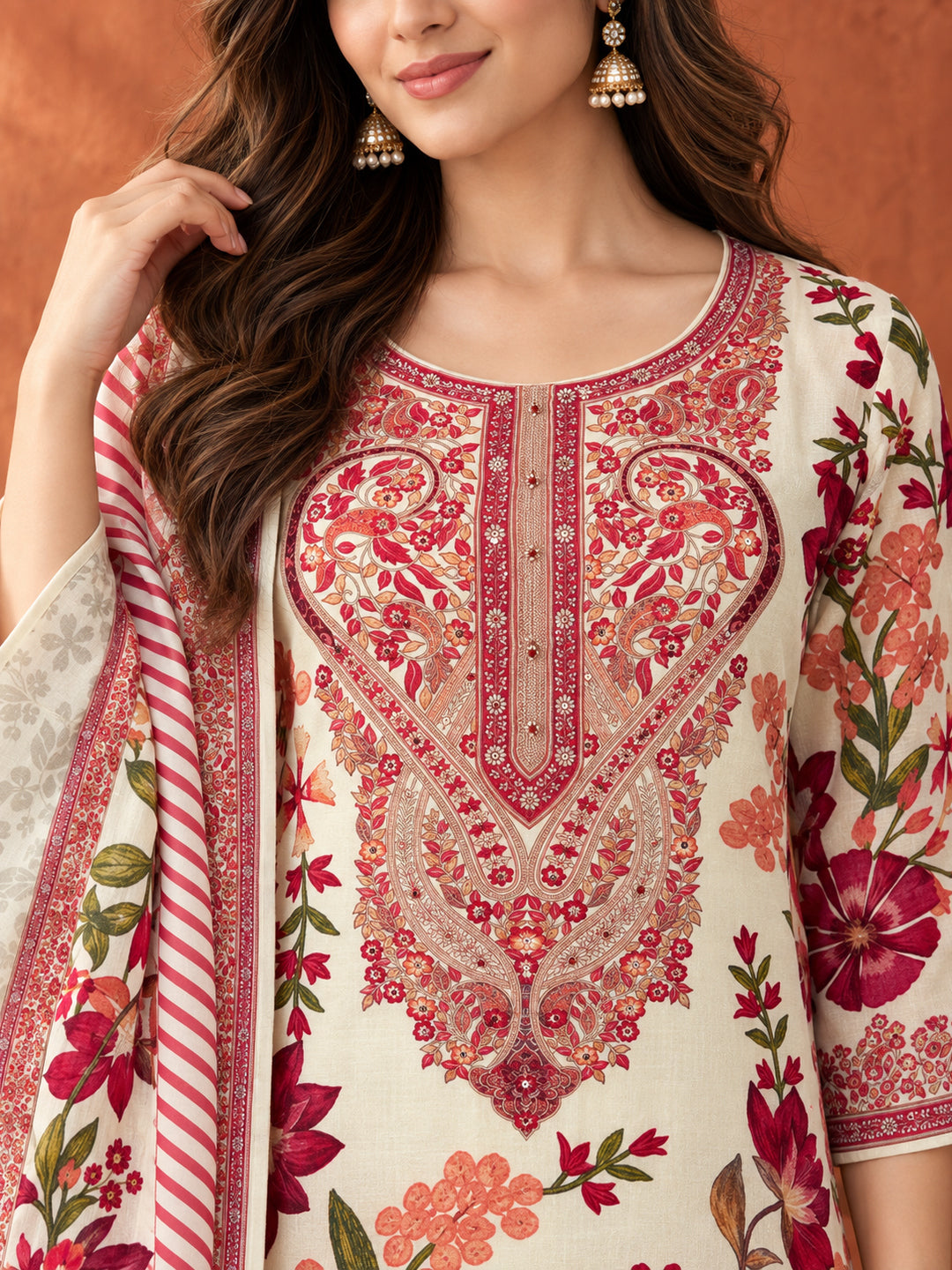 Ivory Floral Printed Kurta Set with Dupatta