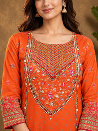 Orange Floral Embroidered Cotton-Silk Kurta with Trousers & With Dupatta