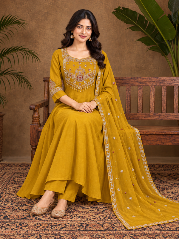 Mustard Embroidered Chanderi Silk Anarkali Suit Set