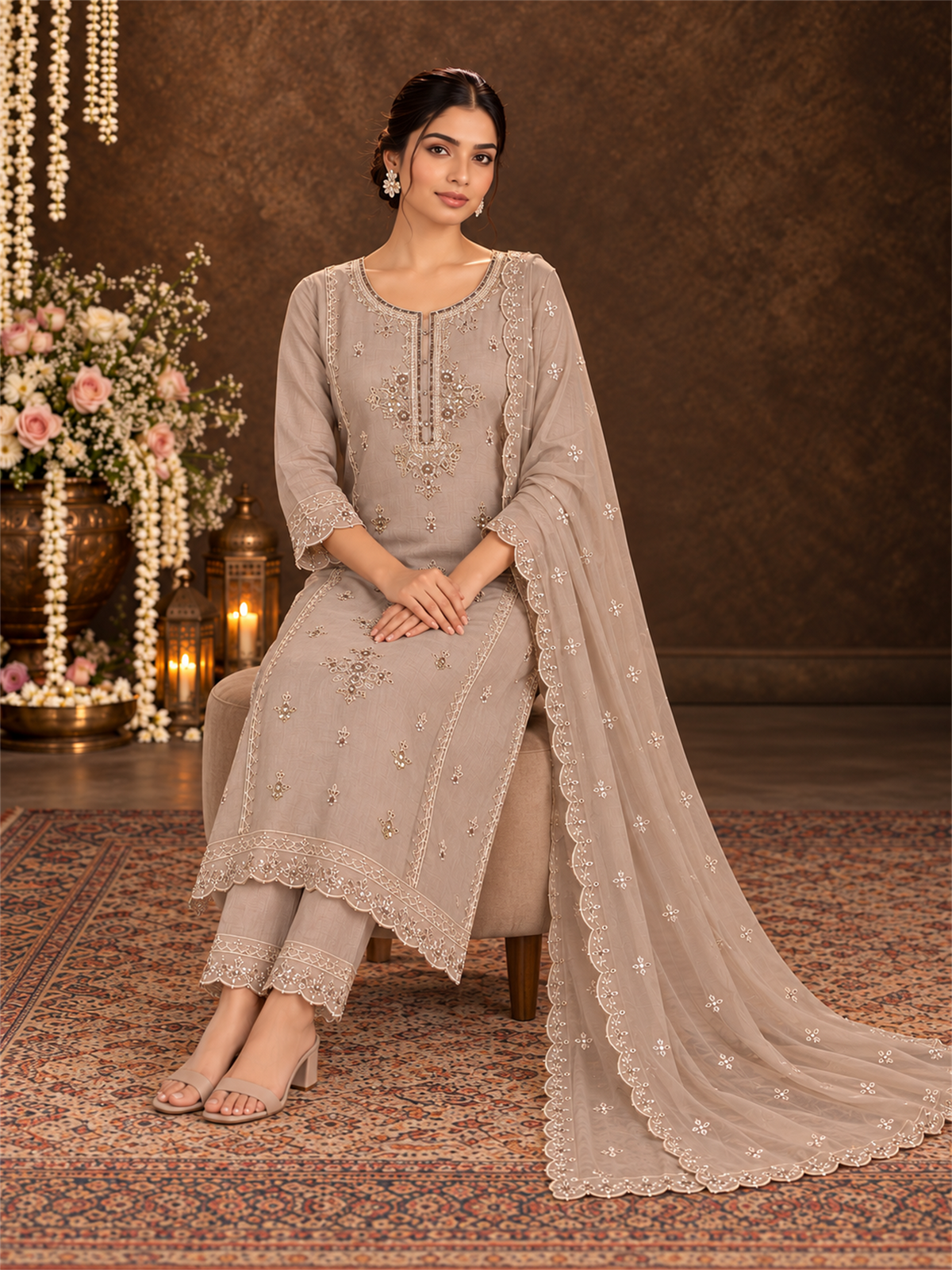 Beige Floral Embroidered Mul Chanderi Straight Kurta Trouser Set with Dupatta
