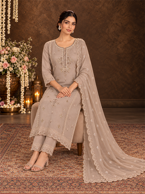Beige Floral Embroidered Mul Chanderi Straight Kurta Trouser Set with Dupatta