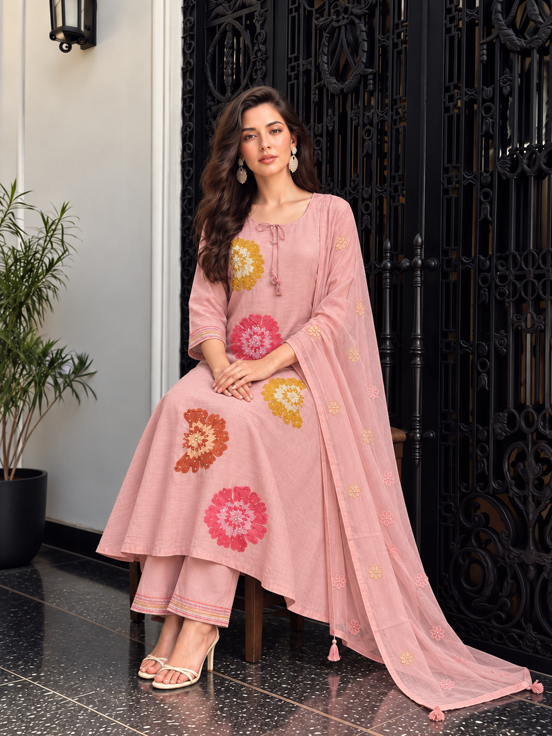 Dusty Pink Floral Embroidered Mul Chanderi Suit Set