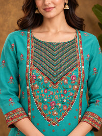 Turquoise Floral Embroidered Cotton-Silk Kurta with Trousers & With Dupatta