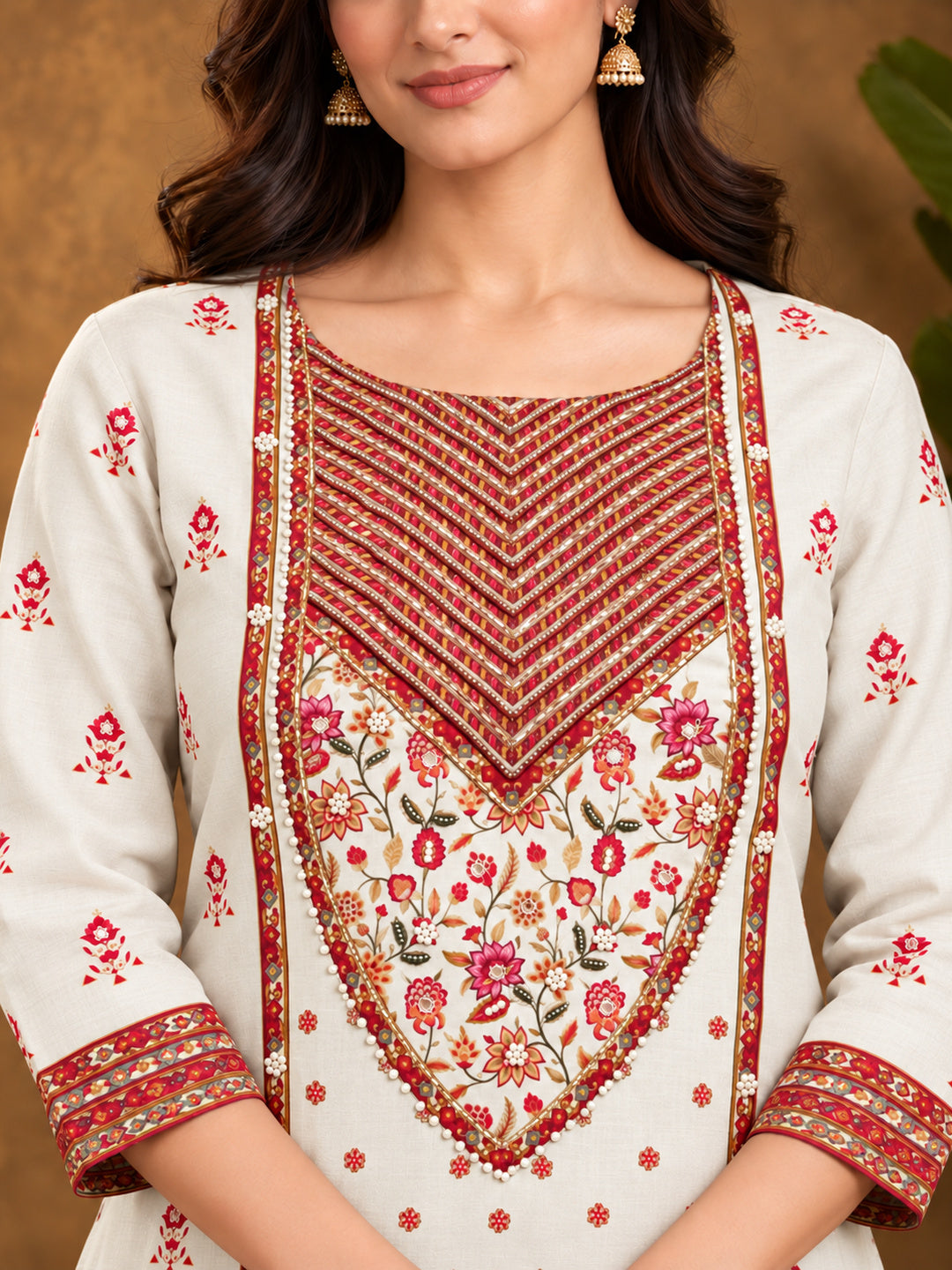 Off white  Floral Embroidered Cotton-Silk Kurta with Trousers & With Dupatta
