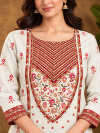 Off white  Floral Embroidered Cotton-Silk Kurta with Trousers & With Dupatta