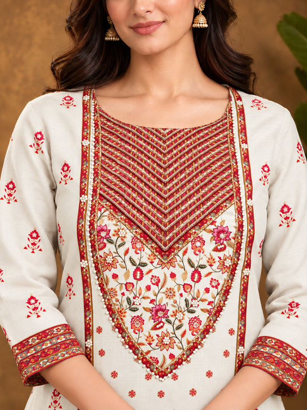 Off white  Floral Embroidered Cotton-Silk Kurta with Trousers & With Dupatta