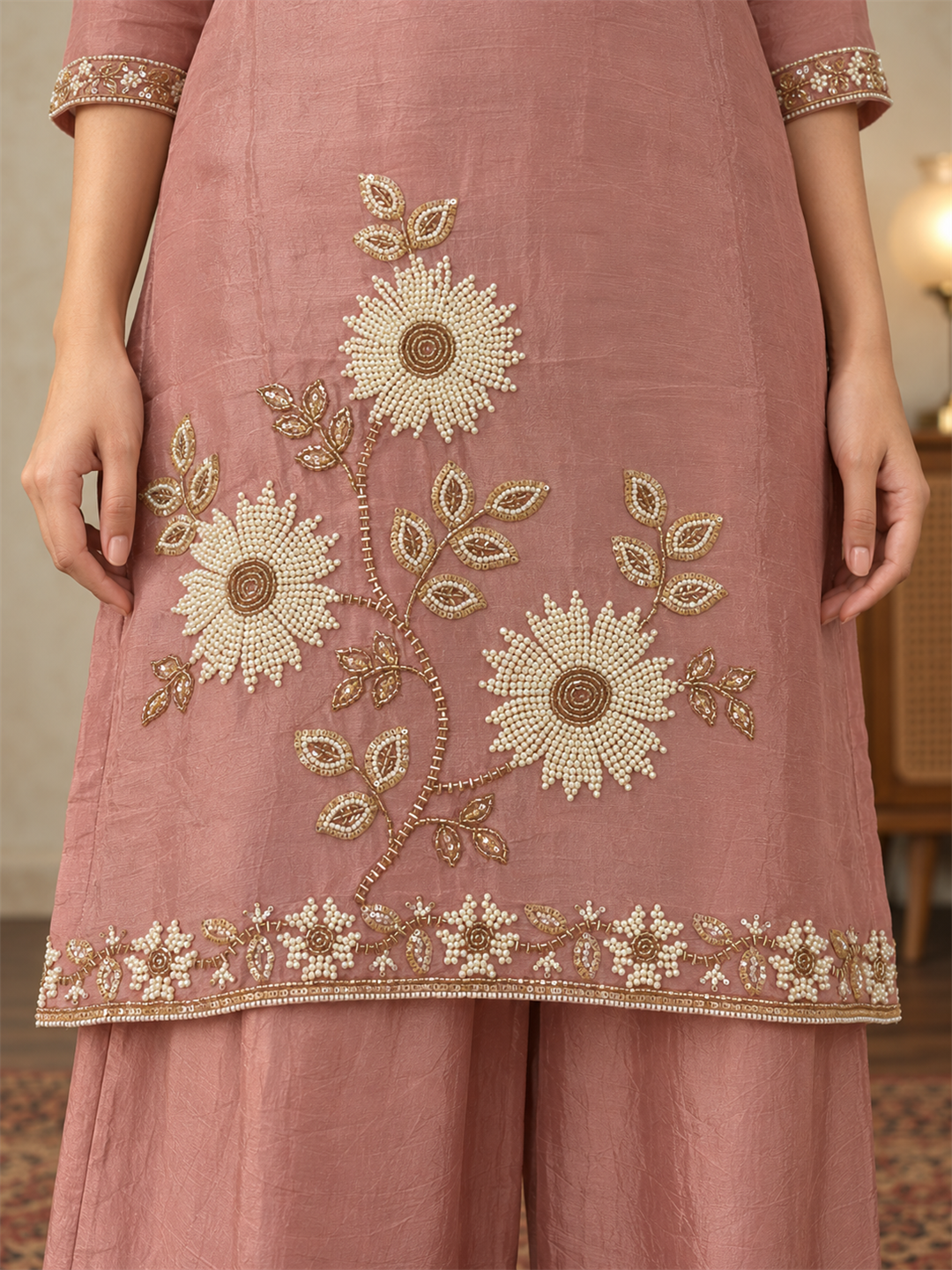 Dusty Rose Embroidered Chinon Palazzo Suit Set