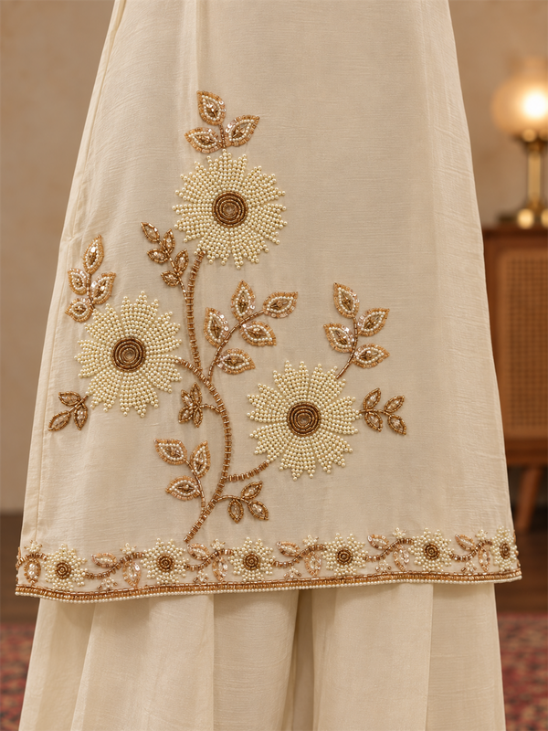 Ivory Gold Embroidered Chinon Palazzo Suit Set