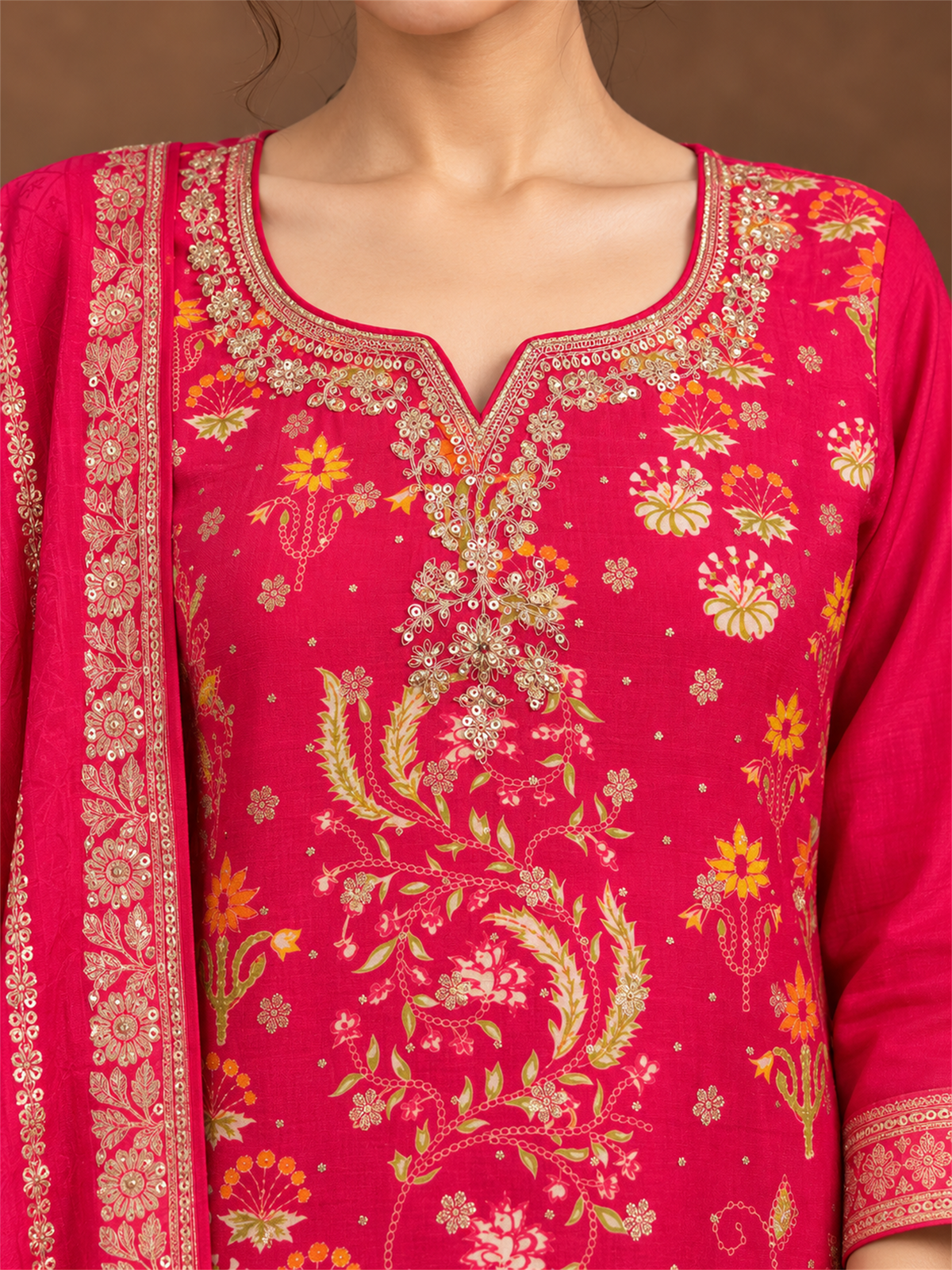 Rani Pink Floral Silk Blend Suit Set with Dupatta